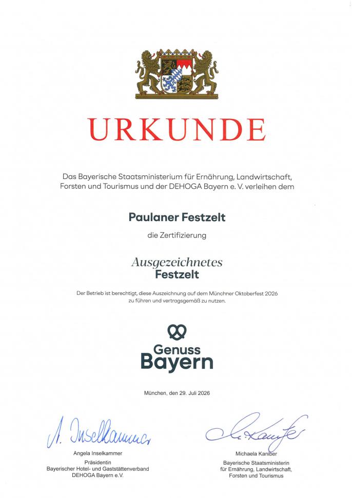 Urkunde Ausgezeichnetes Festzelt 2026 Urkunde Ausgezeichnetes Festzelt 2026